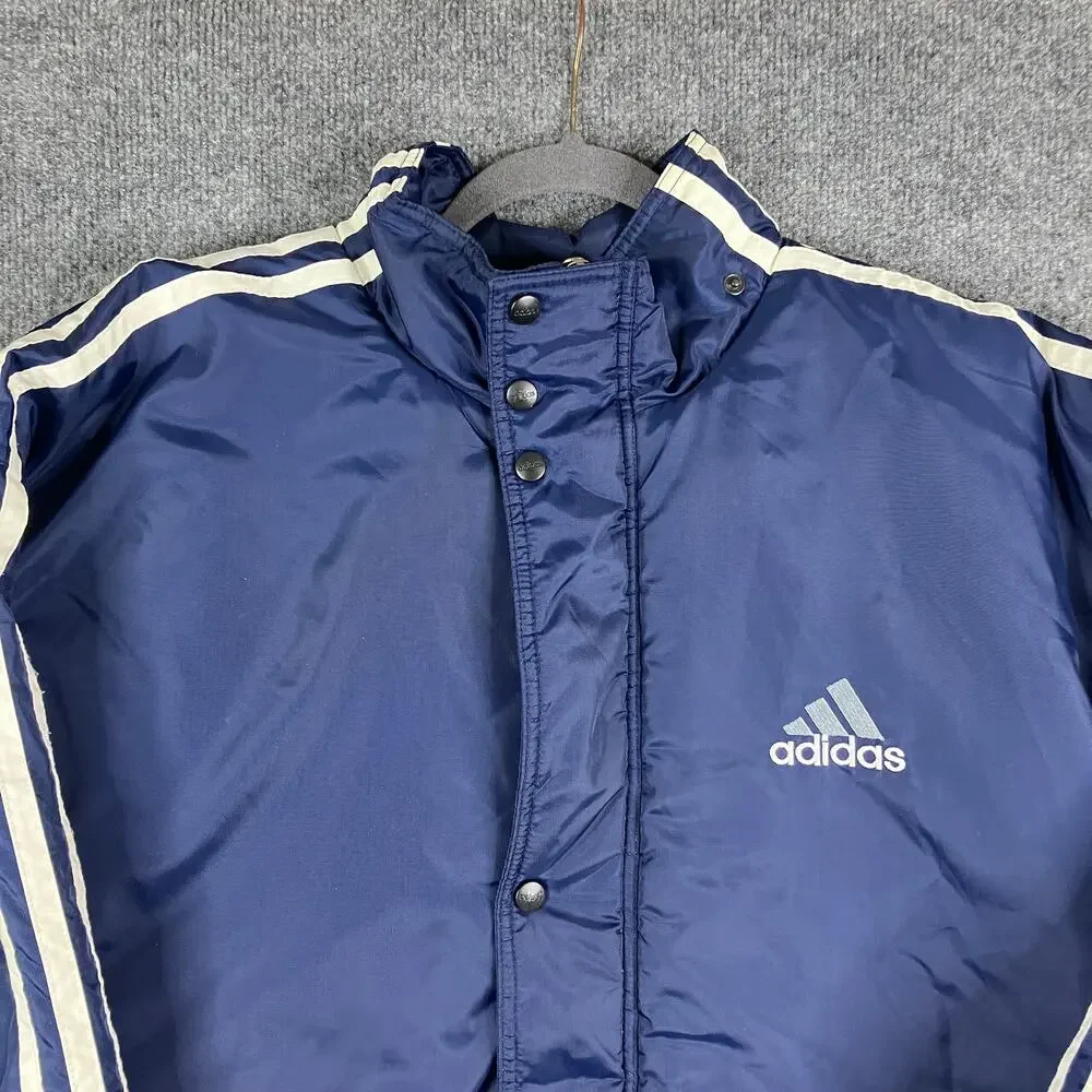 Adidas Jacket Mens Size Large Navy Blue Longline Puffer Coat‎ Striped Sleeve